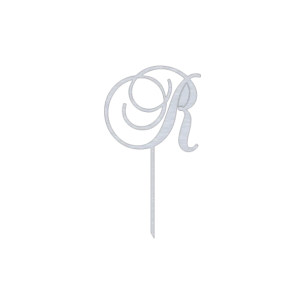 Elegant cake topper featuring an R monogram in a swirl script design. Made from laser-cut aluminum with a natural finish. Dimensions are 6.5 inches wide and 11.0 inches high.